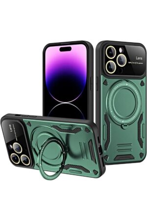 iPhone 16 Pro Max Kılıf Joy Lens Standlı Kapak - Koyu Yeşil-(5796)