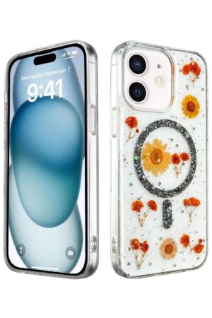 iPhone 12 Kılıf Daisy Simli Magsafe Kapak - Siyah-(5796)