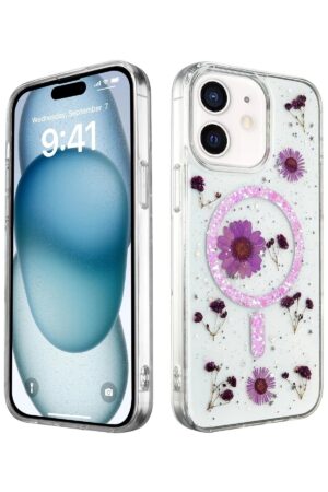 iPhone 12 Kılıf Daisy Simli Magsafe Kapak - Mor-(5796)