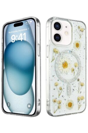 iPhone 12 Kılıf Daisy Simli Magsafe Kapak - Gümüş-(5796)