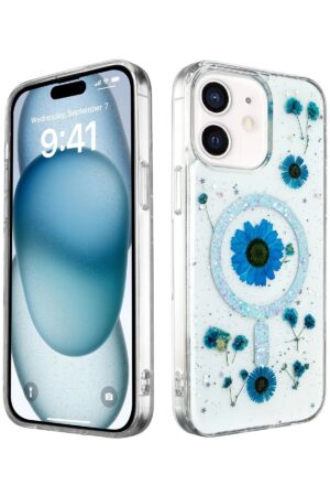 iPhone 12 Kılıf Daisy Simli Magsafe Kapak - Mavi-(5796)