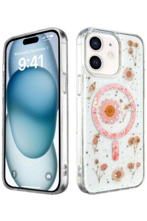 iPhone 12 Kılıf Daisy Simli Magsafe Kapak - Pembe-(5796)