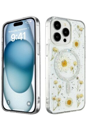 iPhone 15 Pro Kılıf Daisy Simli Magsafe Kapak - Gümüş-(5796)