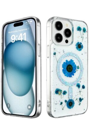 iPhone 15 Pro Kılıf Daisy Simli Magsafe Kapak - Mavi-(5796)
