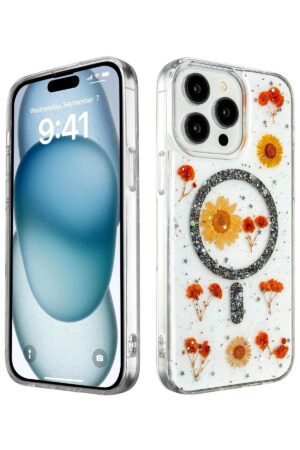 iPhone 15 Pro Max Kılıf Daisy Simli Magsafe Kapak - Siyah-(5796)