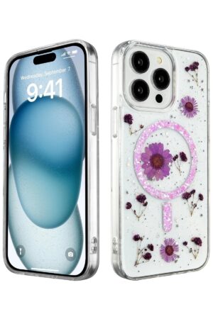 iPhone 15 Pro Max Kılıf Daisy Simli Magsafe Kapak - Mor-(5796)
