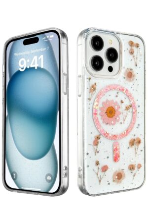 iPhone 15 Pro Max Kılıf Daisy Simli Magsafe Kapak - Pembe-(5796)