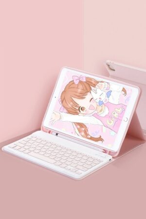 iPad 5 Air 9.7 Kılıf KC01 Smart Klavyeli Tablet Kılıfı - Pembe-(5796)