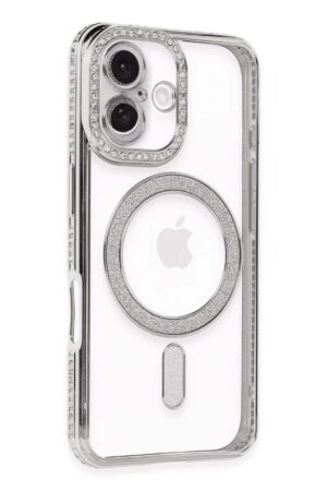 iPhone 16 Kılıf Joke Simli Magneticsafe Kılıf - Gümüş-(5796)