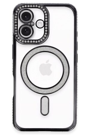 iPhone 16 Plus Kılıf Joke Simli Magneticsafe Kılıf - Siyah-(5796)