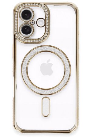 iPhone 16 Plus Kılıf Joke Simli Magneticsafe Kılıf - Gold-(5796)