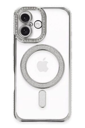 iPhone 16 Plus Kılıf Joke Simli Magneticsafe Kılıf - Gümüş-(5796)