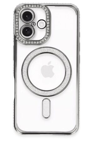 iPhone 16 Plus Kılıf Joke Simli Magneticsafe Kılıf - Gri-(5796)