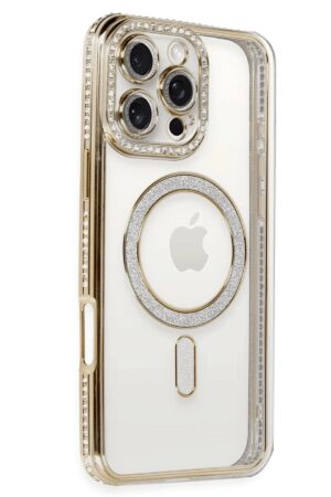 iPhone 16 Pro Kılıf Joke Simli Magneticsafe Kılıf - Gold-(5796)