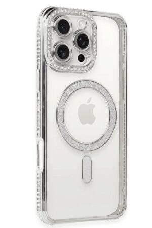 iPhone 16 Pro Kılıf Joke Simli Magneticsafe Kılıf - Gümüş-(5796)