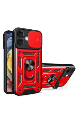 iPhone 16 Kılıf Pars Lens Yüzüklü Silikon - Kırmızı-(5796)