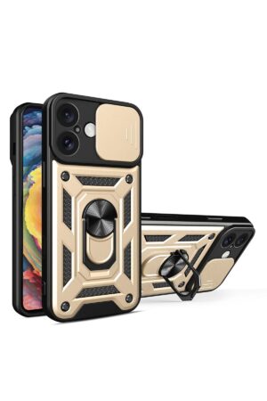 iPhone 16 Kılıf Pars Lens Yüzüklü Silikon - Gold-(5796)