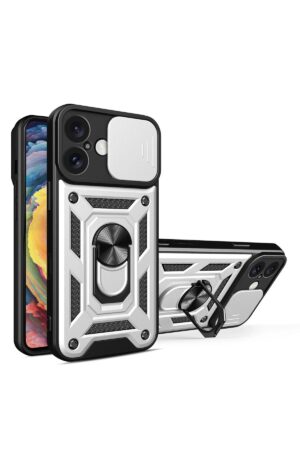 iPhone 16 Kılıf Pars Lens Yüzüklü Silikon - Gümüş-(5796)