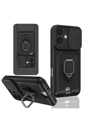 iPhone 16 Kılıf Zuma Kartvizitli Yüzüklü Silikon - Siyah-(5796)