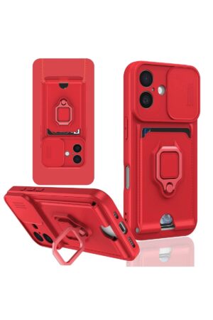 iPhone 16 Kılıf Zuma Kartvizitli Yüzüklü Silikon - Kırmızı-(5796)