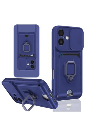 iPhone 16 Kılıf Zuma Kartvizitli Yüzüklü Silikon - Lacivert-(5796)