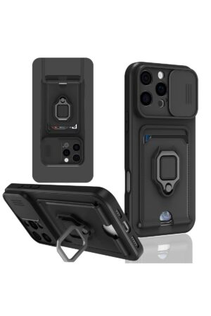 iPhone 16 Pro Kılıf Zuma Kartvizitli Yüzüklü Silikon - Siyah-(5796)