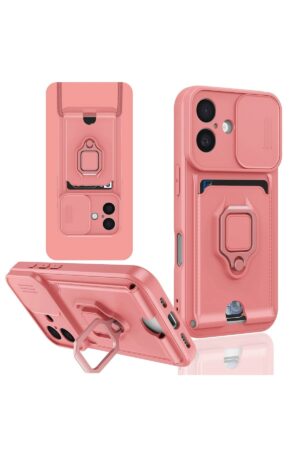 iPhone 16 Kılıf Zuma Kartvizitli Yüzüklü Silikon - Pembe-(5796)