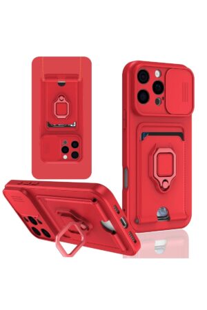 iPhone 16 Pro Kılıf Zuma Kartvizitli Yüzüklü Silikon - Kırmızı-(5796)