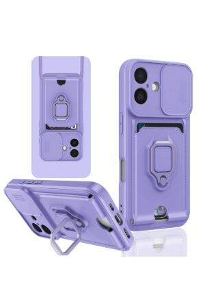 iPhone 16 Kılıf Zuma Kartvizitli Yüzüklü Silikon - Lila-(5796)