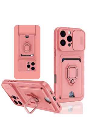 iPhone 16 Pro Kılıf Zuma Kartvizitli Yüzüklü Silikon - Pembe-(5796)
