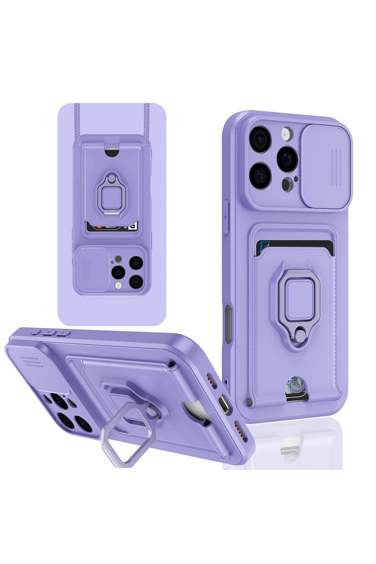 iPhone 16 Pro Kılıf Zuma Kartvizitli Yüzüklü Silikon - Lila-(5796)