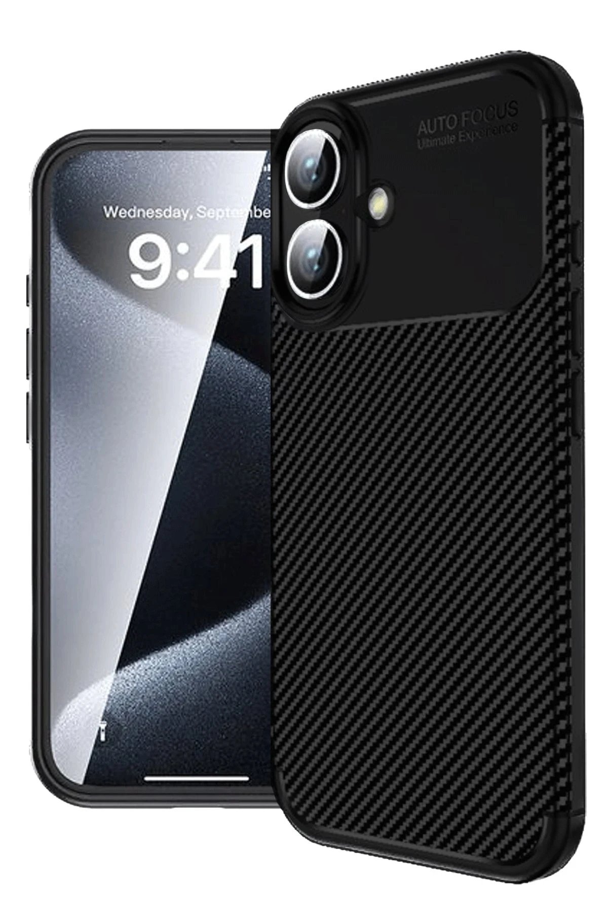 iPhone 16 Plus Kılıf Auto Focus Karbon Kapak - Siyah-(5796)