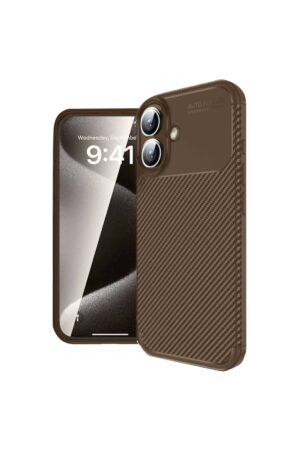 iPhone 16 Kılıf Auto Focus Karbon Kapak - Kahverengi-(5796)