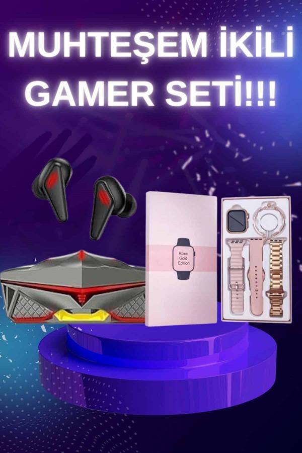Yeni Nesil Pembe Dokunmatik Ekran Akıllı Saat ve Oyuncu Kulaklığı Kablosuz Bluetooth Kulaklık - Görsel 2