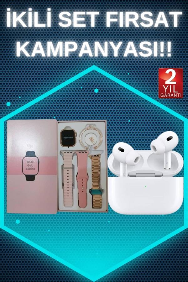 3 Kordonlu Pembe Amoled Ekran Akıllı Saat ve Yeni Nesil Pro Kablosuz Bluetooth Kulaklık ANC/ENC - Görsel 2