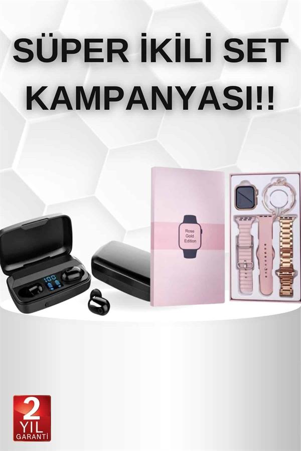 Wireless Şarjlı Pembe Akıllı Saat ve Kablosuz Bluetooth Kulaklık Dokunmatik Kontrol - Görsel 2