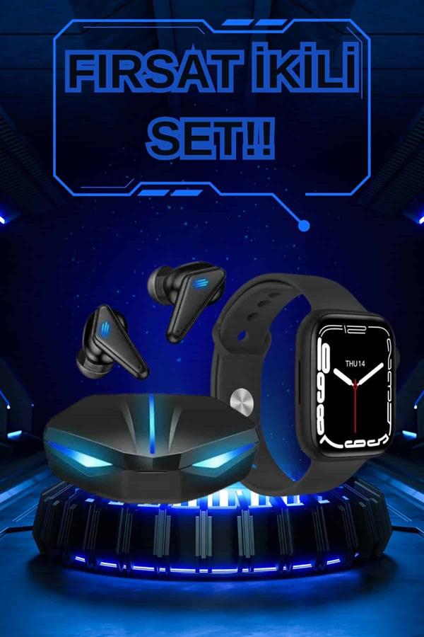 Yeni Nesil Akıllı Saat ve Kablosuz Kulaklık Kampanyası İkili Set Bluetooth Bağlantılı - Görsel 2
