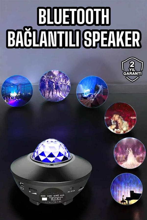 Çocuklara Özel Şarjlı Bluetooth Hoparlör Parti Led Lambası Yıldızlı Projeksiyon - Görsel 2