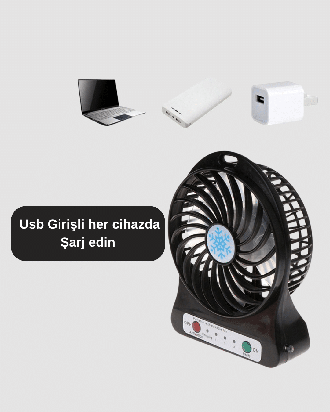 Mini Vantilatör Masaüstü – USB Girişli Şarjlı 3 Kademe Sessiz Motor Işıklı - Görsel 2