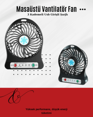 USB Girişli Taşınabilir Masaüstü Mini Fan – 3 Kademeli Hız Şarjlı Işıklı Sessiz Çalışma