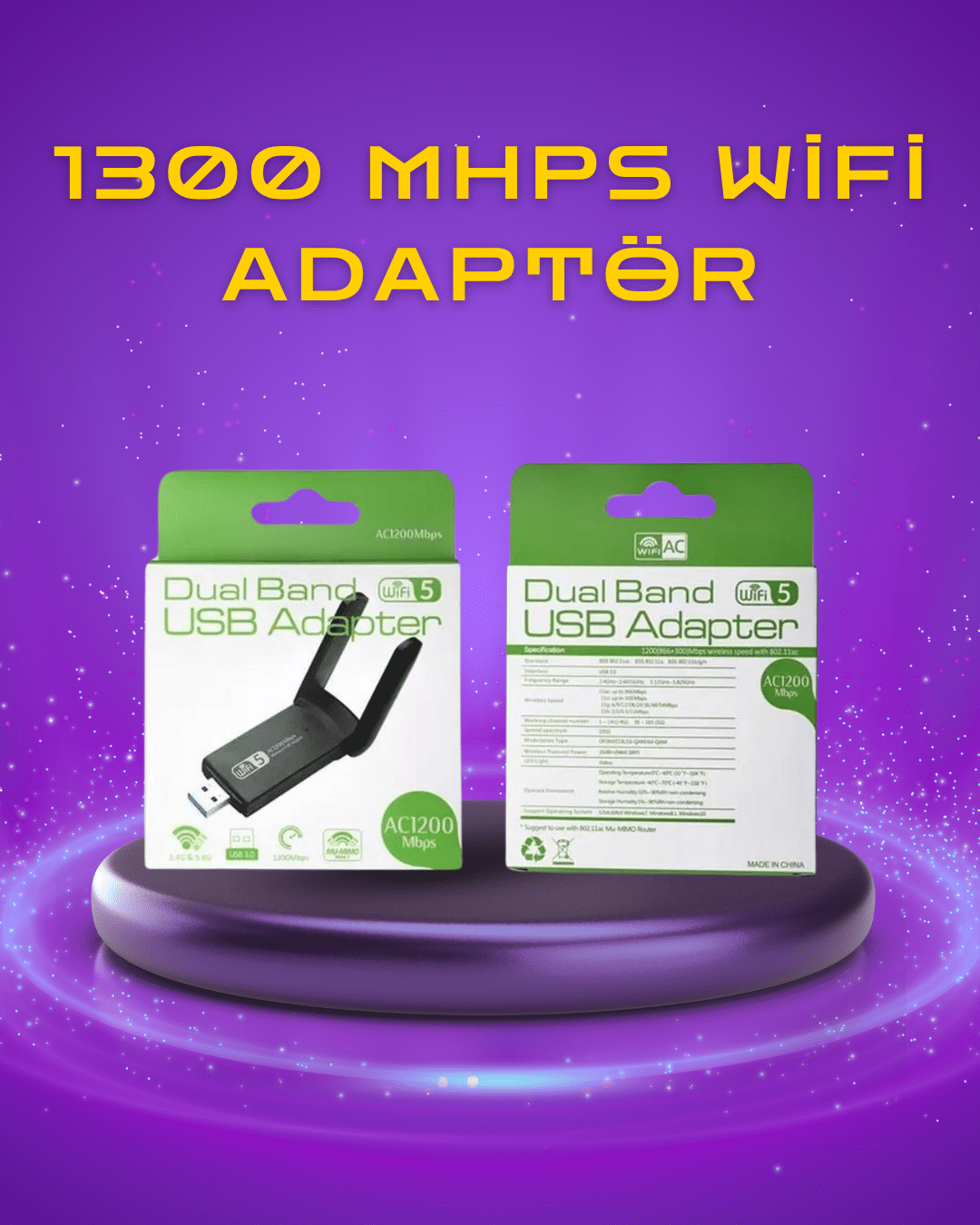 Yüksek Hızlı 1200 Mbps Çift Bant USB WiFi Adaptör – Güçlü Sinyal Geniş Uyumluluk