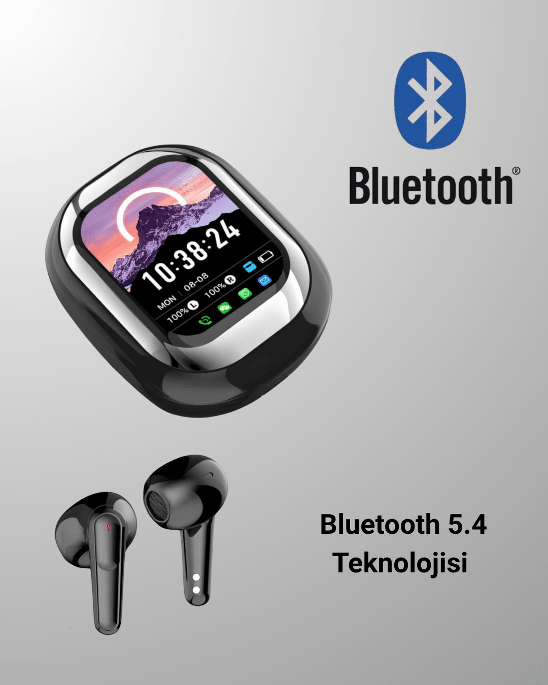 Akıllı Ekranlı Bluetooth 5.4 Kablosuz Kulaklık – Dokunmatik ve Şarj Kutulu - Görsel 4