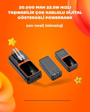 Powerbank 20000 mAh | 22.5W Hızlı Şarj Dahili Kablolu LCD Ekranlı Şarj Cihazı