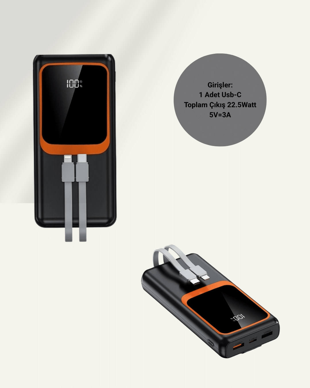 20000 mAh Powerbank | Çok Kablolu Dijital Göstergeli Yüksek Hızlı Şarj Cihazı - Görsel 5