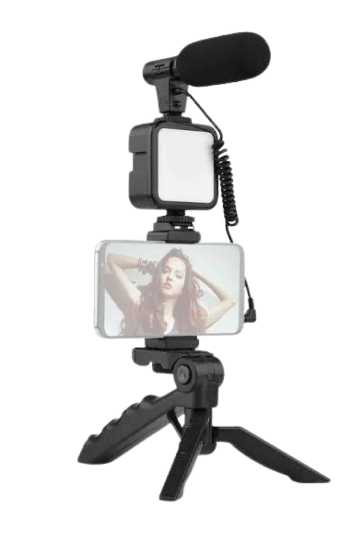 Tripod Telefon Tutucu Kumandalı Mikrofon Led Işık Vlog Video Kayıt - Görsel 2