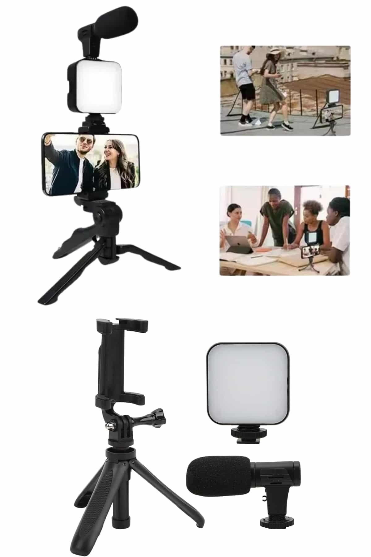 Telefon Tutucu Mini Mikrofonlu Tripod Vlog Çekim Video - Görsel 4