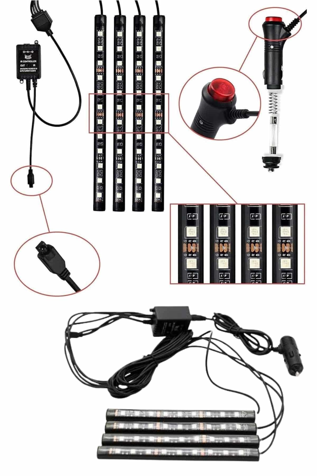 RGB Işıklı Araç İçi Aydınlatma Kumandalı 12'li Led Işık Renk Değiştirebilen - Görsel 3