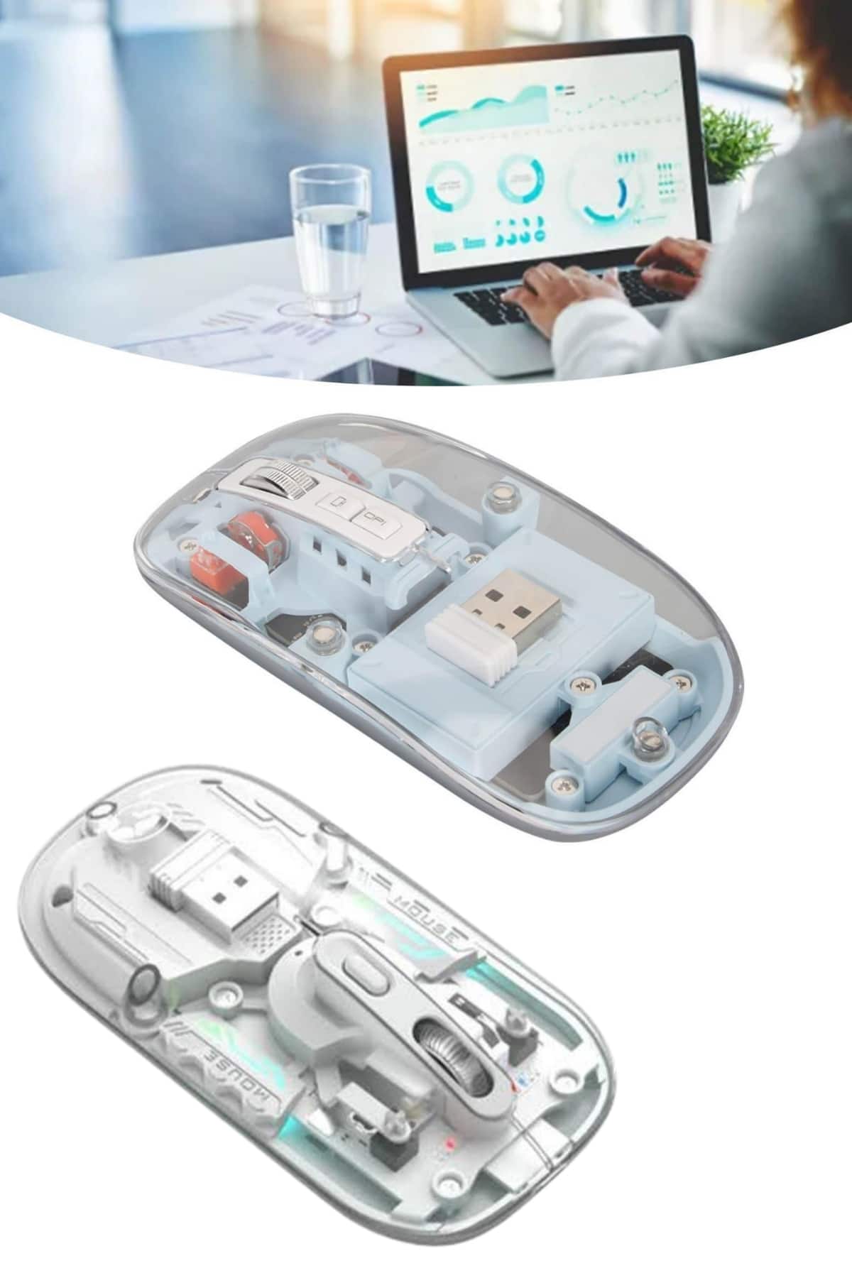 Sessiz Tıklama Çift Modlu Bluetooth Ve Alıcı Şeffaf Mouse Fare - Görsel 3