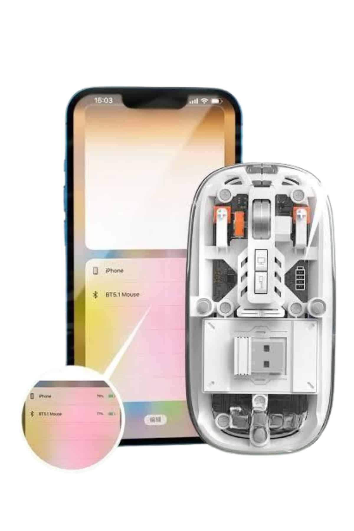 Mouse Fare Kablosuz Mouse Fare Şarjlı Bluetooth Sessiz 5 Tuşlu Şeffaf - Görsel 3