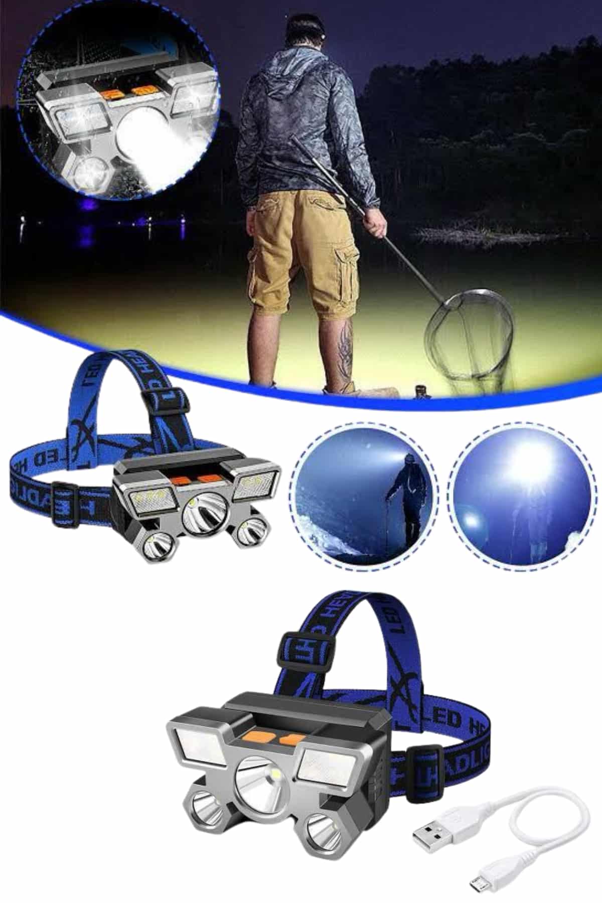 5 LED Far Şarj Edilebilir Güçlü Kafa Lambası Kamp Lambası 4 Modlu (Kopya) - Görsel 3